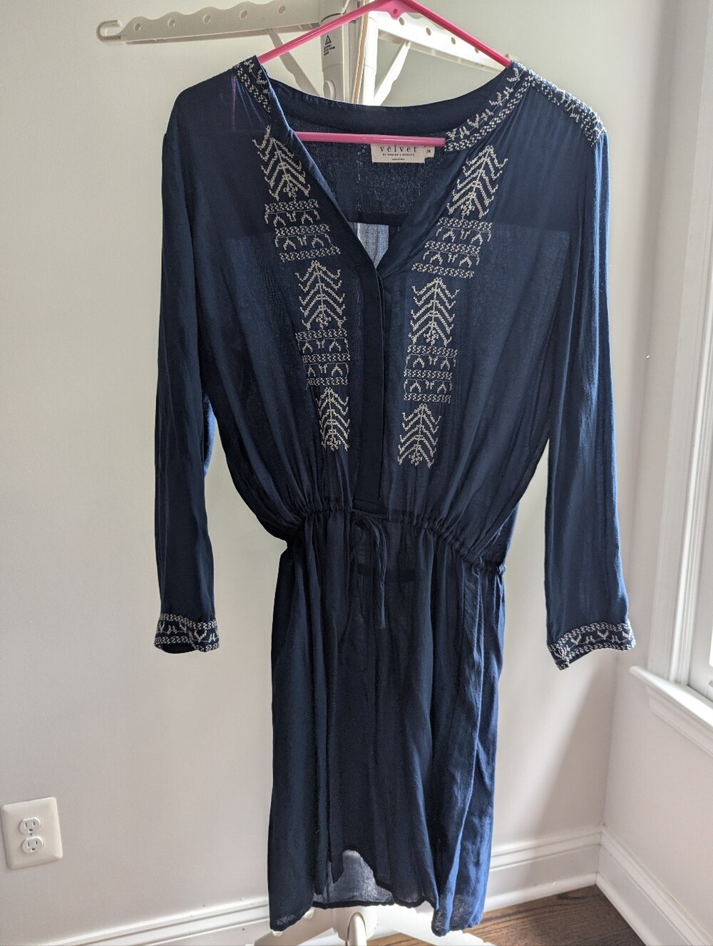 Velvet by Graham & Spencer Navy Embroidered Drawstring Waist Midi Dress